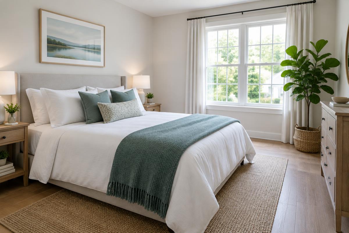Tidy bedroom with a freshly made bed