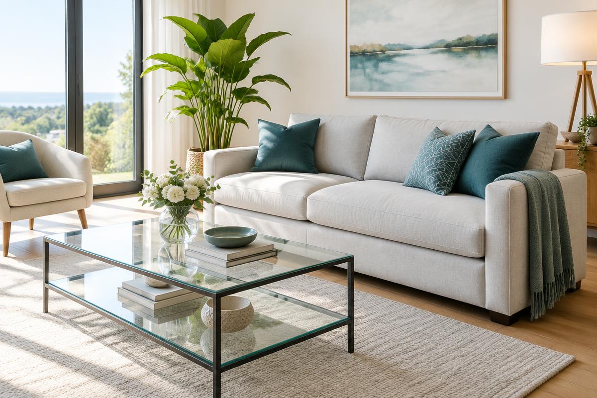 Bright, clean living room with comfortable seating