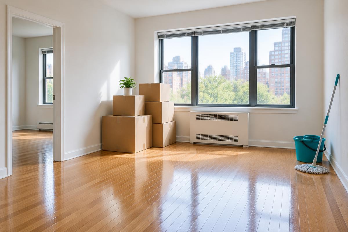 Moving boxes and a mop in a clean apartment