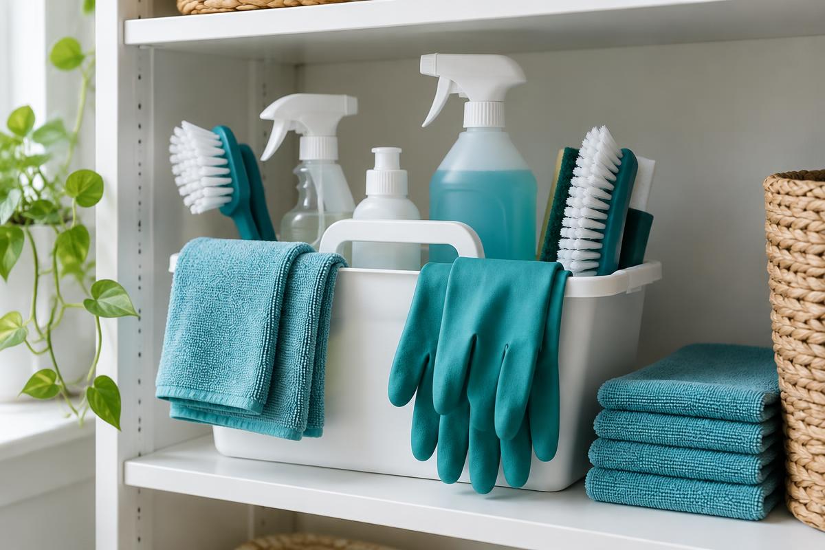 Organized caddy with cloths and cleaning tools